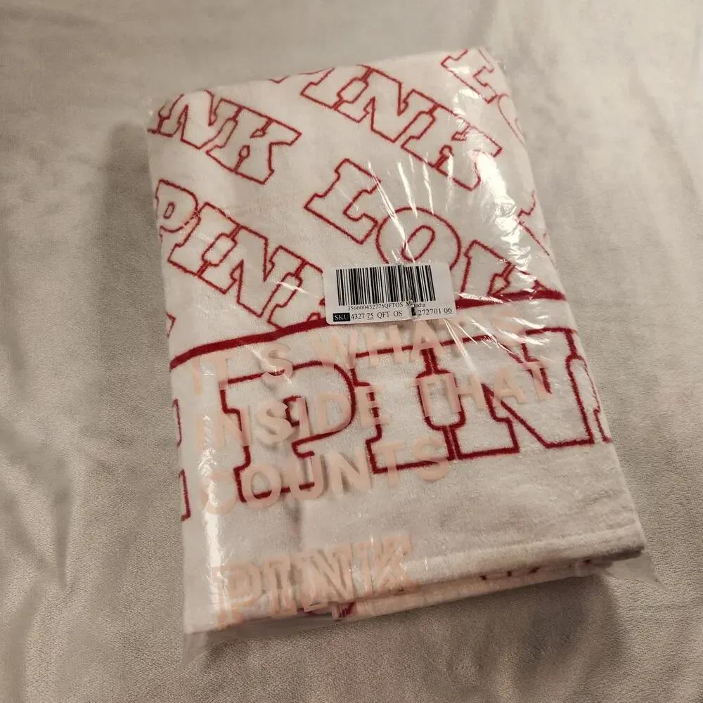 Victoria's Secret LOVE PINK VS PINK White and Red Logo Large Beach Towel - New